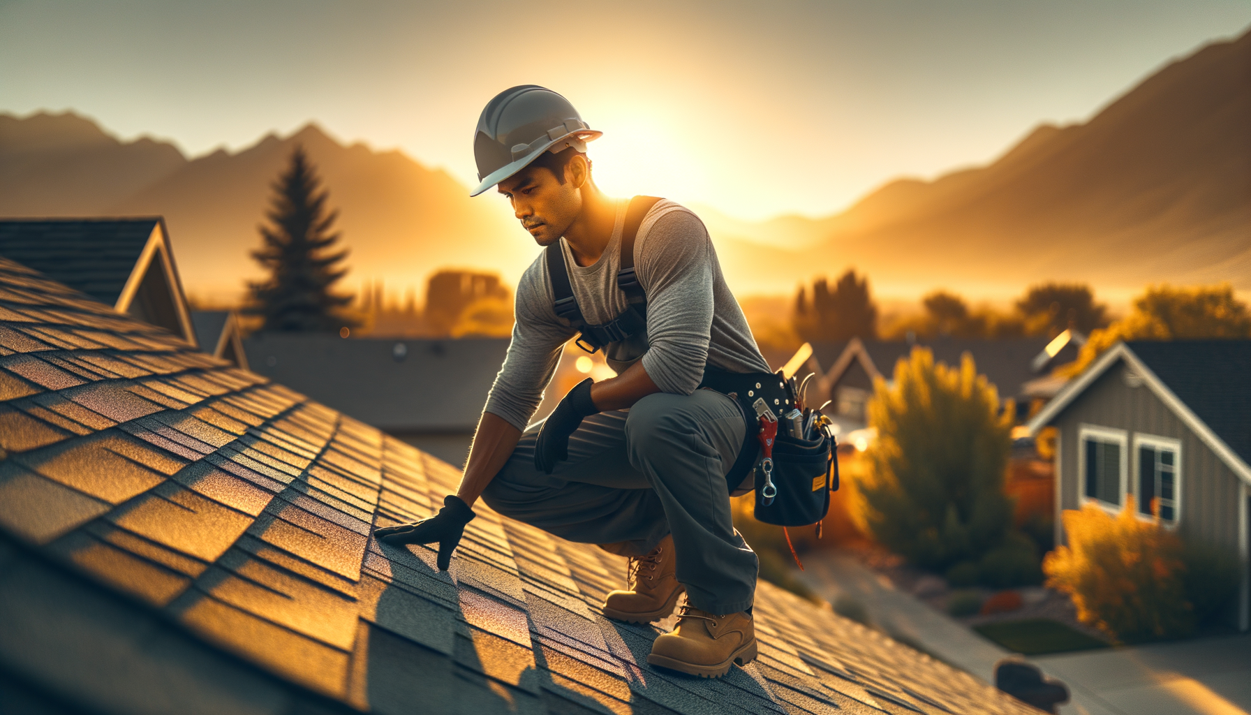 Roofer working on residential roof replacement